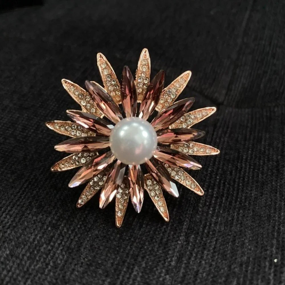 Starburst Sparkly Floral Snowflake Brooch with Faux Pearl and Burgundy Navettes